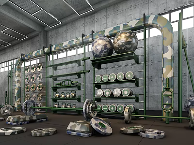 Camouflage Themed Fitness Gym With Exercise Balls Dumbbell Plates And Shelves 3d model