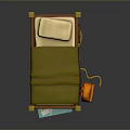 Wooden Bunk Bed With Green Red Blankets Pillows Blue Box Orange Backpack Blue Box And Rope