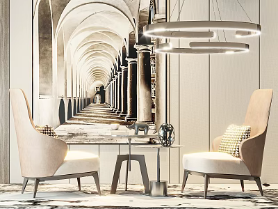 Beige Modern Leisure Chairs Interior Design With Arch Mural Hanging Lamp And Table 3d model