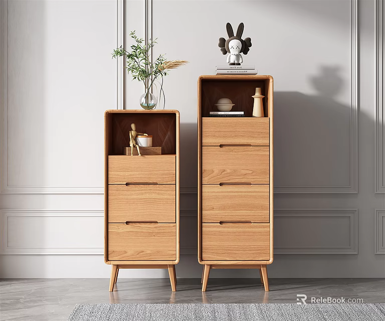Wooden Entryway Cabinet And Side Cabinet With Drawers Open Shelves And Slim Legs 3d model 