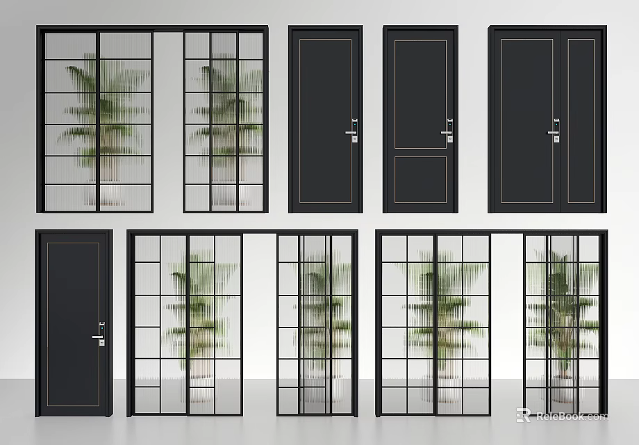 Modern Sliding Doors With Black Frames And Glass Designs For Interior Spaces 3d model