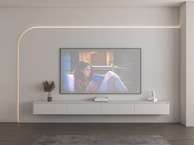 Modern Floating TV Stand With Storage Drawers Decorative Items And Ambient Lighting In Living Room 3d model