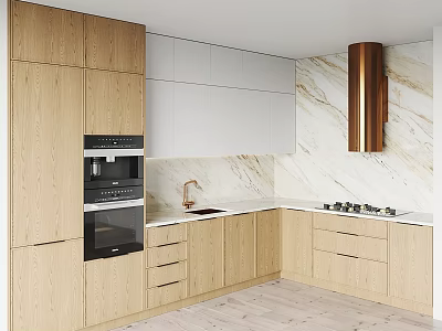 Modern Kitchen Interior With Wooden And White Cabinets Marble Wall And Appliances 3d model