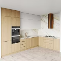 Modern Kitchen Interior With Wooden And White Cabinets Marble Wall And Appliances
