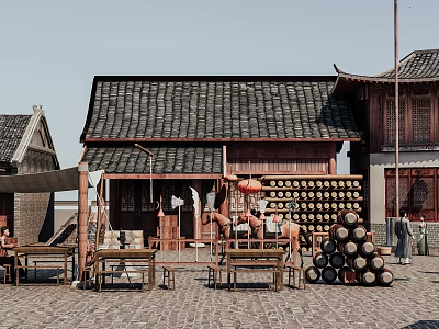 Chinese Traditional Hinged Door in Ancient Market With Tile Roof Wooden Tables And Wine Barrels 3d model