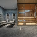 Luxurious SPA Sauna Interior Design With Marble Walls Wooden Ceiling And Relaxation Seating