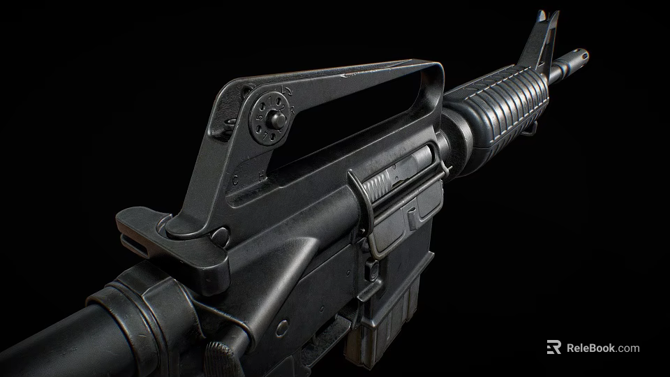 Detailed View of Black Rifle With Barrel Magazine and Stock Components 3d model 