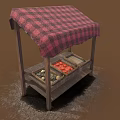 Wooden Market Stall With Red Black Checkered Canopy And Fruit Vegetable Trays