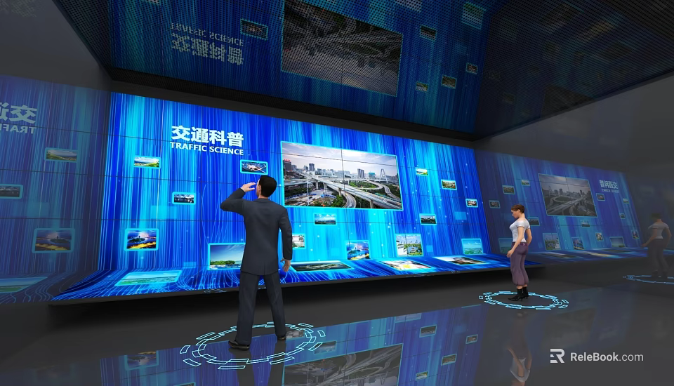 Visitors Exploring Interactive Transportation Technology Display With Large Digital Screens And Information Panels 3d model 