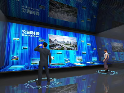Visitors Exploring Interactive Transportation Technology Display With Large Digital Screens And Information Panels 3d model