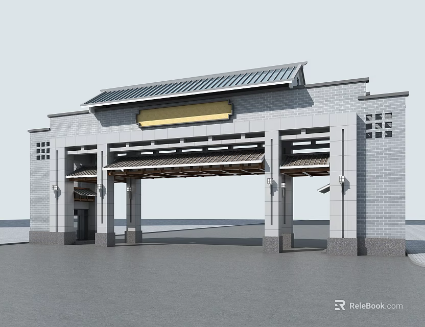 Chinese Style Entrance Gate With Gray Brick Walls Tile Roof And Yellow Plaque Area 3d model 