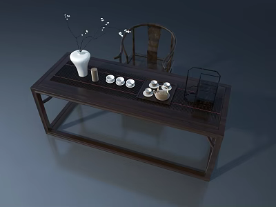 Chinese Style Hinged Door With Dark Wooden Table Tea Set White Vase And Chair 3d model