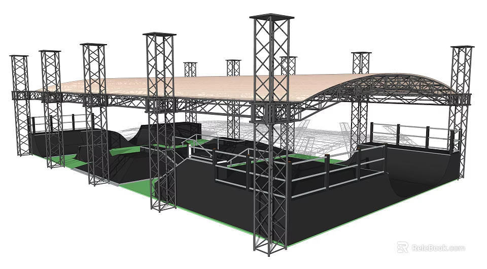 Outdoor Sports Area With Metal Frame Canopy Ramps And Safety Fences 3d model 