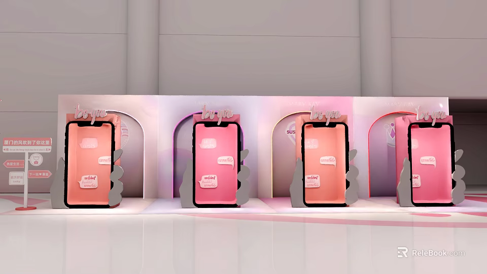 Pink Themed Photo Check In Spots With Arched Frames And Phone Displays 3d model 