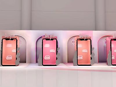Pink Themed Photo Check In Spots With Arched Frames And Phone Displays 3d model
