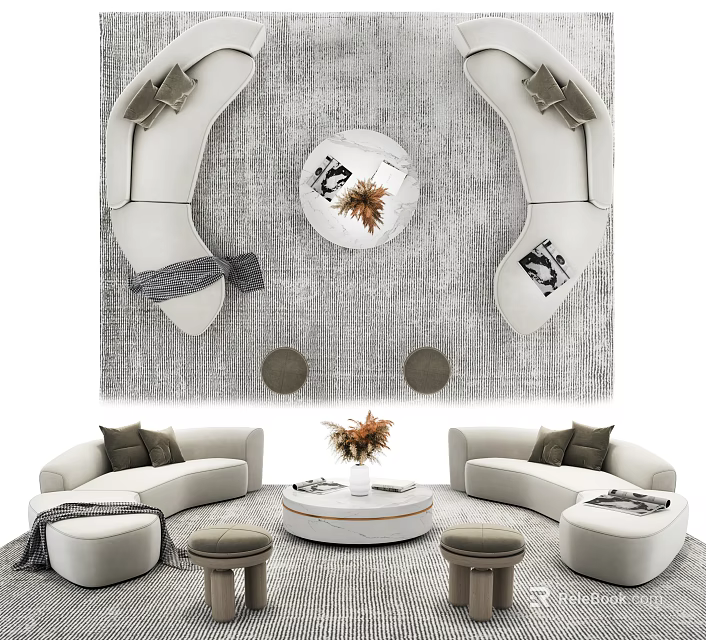 Elegant Modern Curved Sofa And Coffee Table Set With Round Table Rug Cushions And Stools 3d model 