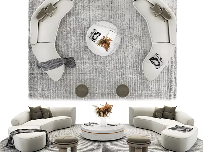 Elegant Modern Curved Sofa And Coffee Table Set With Round Table Rug Cushions And Stools 3d model
