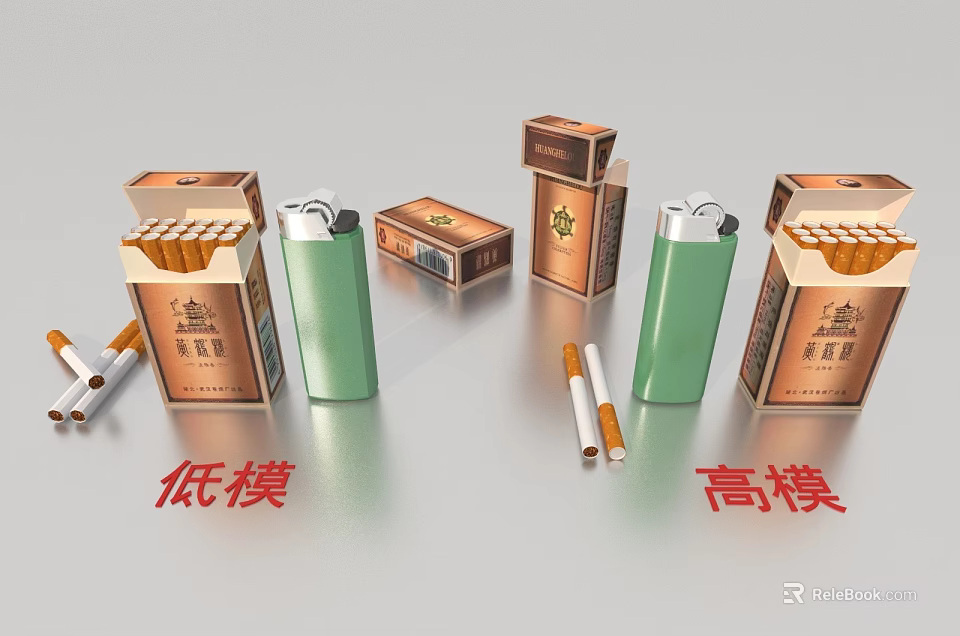Different Cigarette Packs and Lighters in Low Poly and High Poly Models 3d model