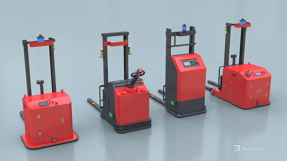 Modern Red Electric Industrial Equipment Forklift Trucks With Black Frames And Control Panels 3d model 