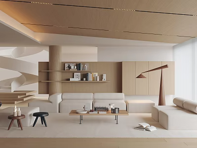 Modern Living Room Interior Design With Light Toned Sofa Wooden Ceiling Shelves And Floor Lamp 3d model