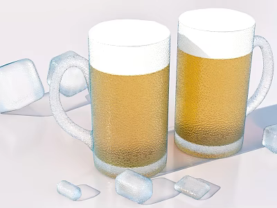Two Frosted Beer Mugs Filled With Cold Beer And White Foam Surrounded By Ice Cubes 3d model