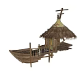 Traditional Wooden Boat with Thatched Roof and Decorative Top Wooden Structure Steps and Paddle Details