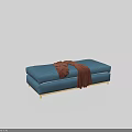 Modern Blue Upholstered Ottoman With Brown Throw Blanket And Gold Metal Legs