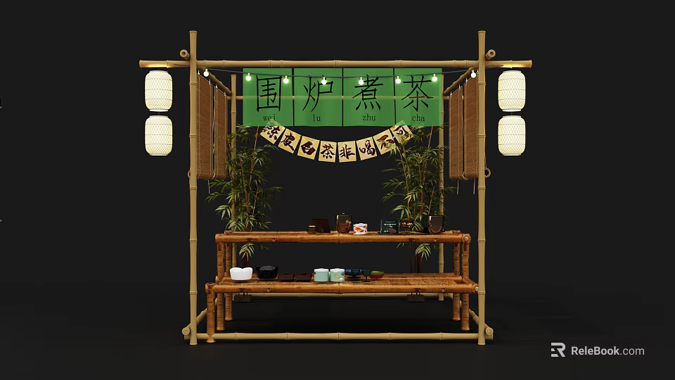 Traditional Winter Tea Boiling Setup With Bamboo Frame Lanterns And Tea Sets 3d model 
