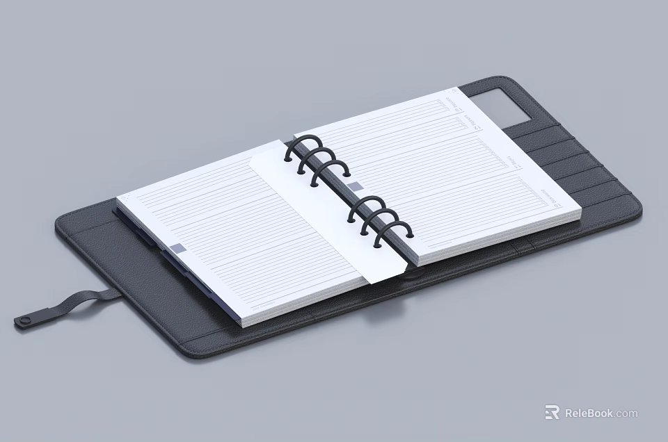 Spiral Bound Notebook With Leather Cover White Lined Pages And Strap On Gray Surface 3d model 