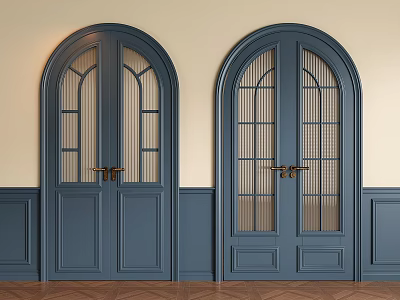 Elegant Deep Blue Double Doors With Arched Top Glass Panes And Golden Handles In Interior 3d model