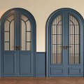 Elegant Deep Blue Double Doors With Arched Top Glass Panes And Golden Handles In Interior