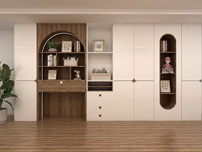 Modern White And Wooden Storage Cabinet With Arched Design Open Shelves Drawers And Decorations 3d model