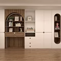 Modern White And Wooden Storage Cabinet With Arched Design Open Shelves Drawers And Decorations