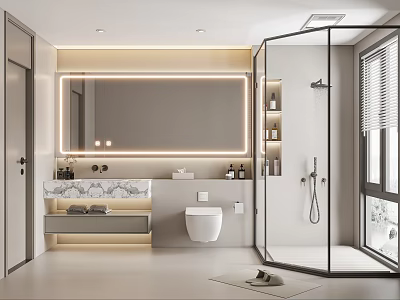 Modern Bathroom With Marble Vanity Backlit Mirror And Glass Shower 3d model