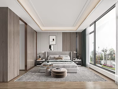 Modern Bedroom Interior With Wooden Walls Large Bed Decorative Paintings And Windows 3d model