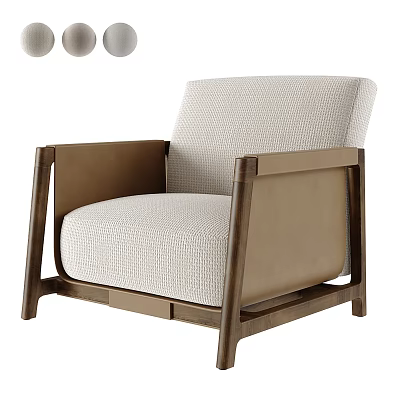 Modern Minimalist Single Seater Sofa With Beige Upholstery And Brown Wooden Armrest Frame 3d model