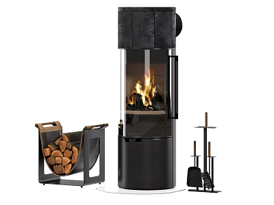Modern Black Fireplace with Glass Door Burning Flames Wooden Log Holder and Tools 3d model