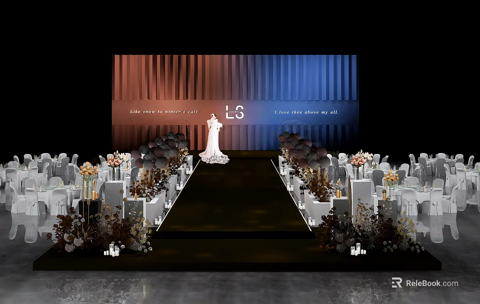Elegant Wedding Banquet Hall With Bride White Chairs Flower Decorations Aisle Blue Orange Gradient Backdrop 3d model 