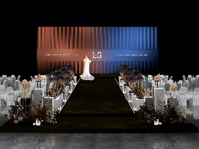Elegant Wedding Banquet Hall With Bride White Chairs Flower Decorations Aisle Blue Orange Gradient Backdrop 3d model