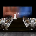 Elegant Wedding Banquet Hall With Bride White Chairs Flower Decorations Aisle Blue Orange Gradient Backdrop
