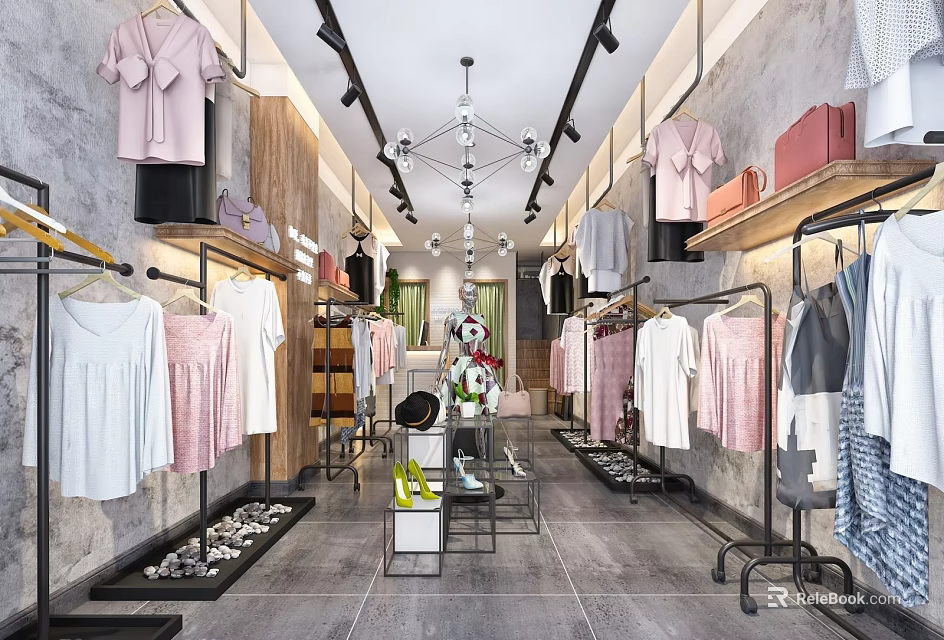 Modern Clothing Store Interior With Clothes On Racks Display Shelves Shoes And Bags 3d model 