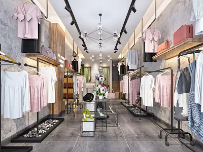 Modern Clothing Store Interior With Clothes On Racks Display Shelves Shoes And Bags 3d model