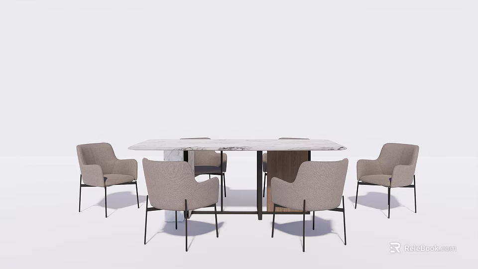 Modern Dining Table Set With Round Marble Top And Six Beige Chairs 3d model