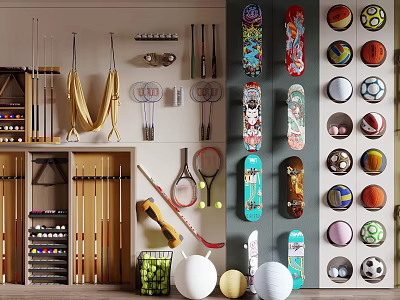 Organized Sports Equipment Wall Display with Variety of Balls Rackets Skateboards and Fitness Gear 3d model