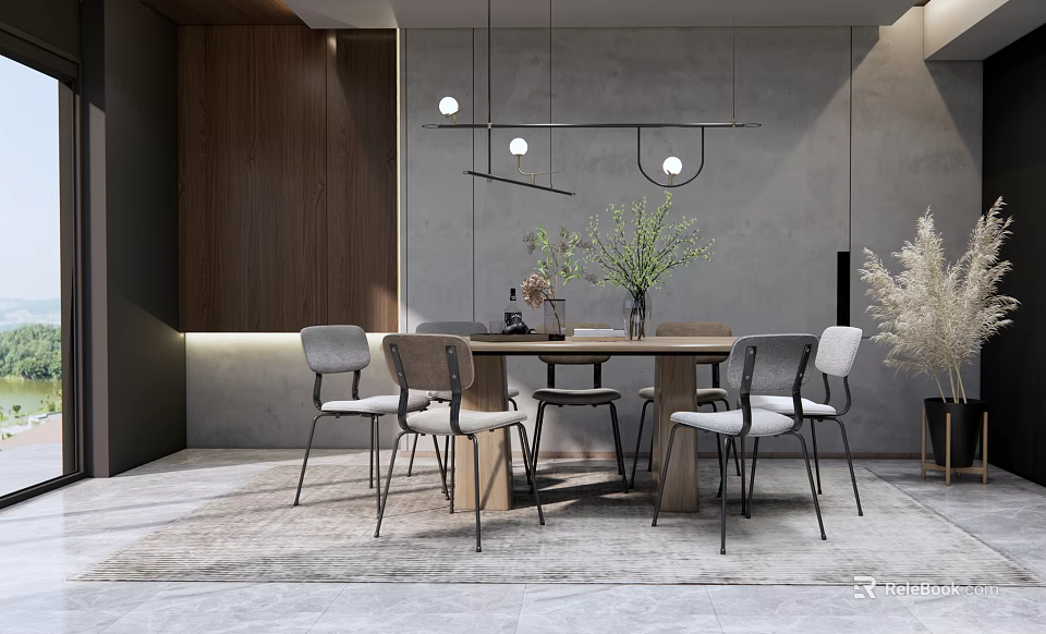 Modern Restaurant Interior Featuring Wooden Dining Table Gray Walls Pendant Lights And Green Plants 3d model 