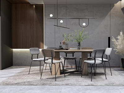 Modern Restaurant Interior Featuring Wooden Dining Table Gray Walls Pendant Lights And Green Plants 3d model