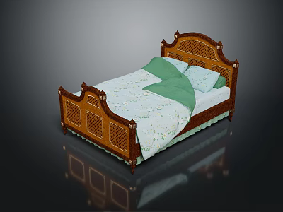 Single Bed With Traditional Wooden Carved Frame Green Bedding And White Patterned Sheet 3d model