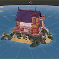Cartoon Scene Of Island With Colorful House Purple Roof Blue Ocean Sandy Beach And Seagulls