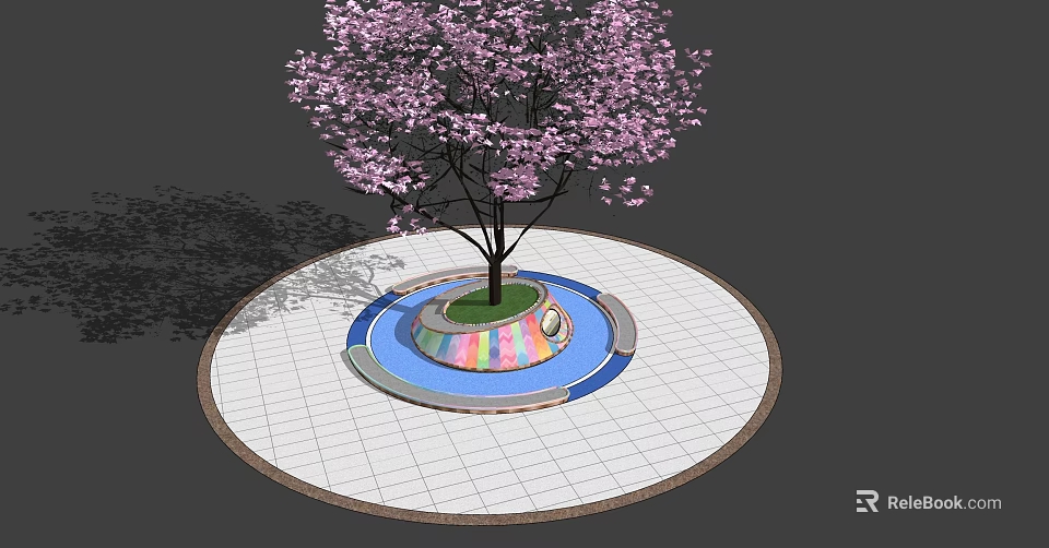 Tree Planter With Pink Flowering Tree Colorful Base Circular White Grid Pavement And Border 3d model 