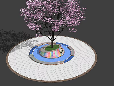 Tree Planter With Pink Flowering Tree Colorful Base Circular White Grid Pavement And Border 3d model